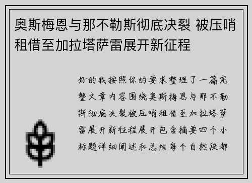 奥斯梅恩与那不勒斯彻底决裂 被压哨租借至加拉塔萨雷展开新征程