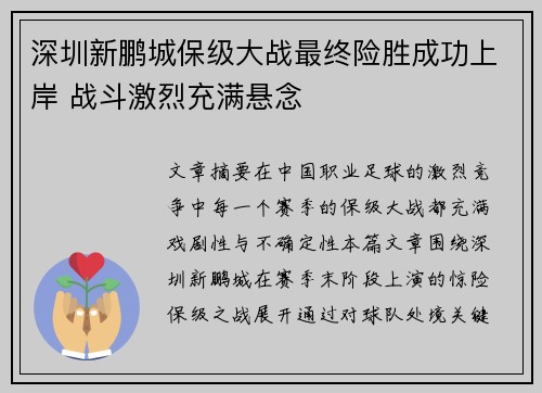 深圳新鹏城保级大战最终险胜成功上岸 战斗激烈充满悬念